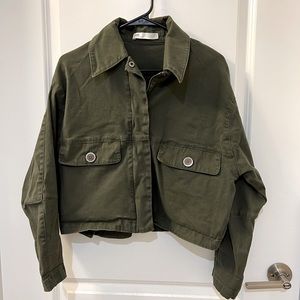Zara Cropped Military Green Denim Jacket Size XS